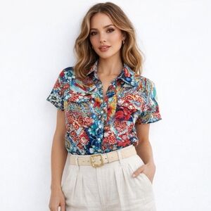 Chico’s Silk Floral Button Down Blouse S Colorful Short Sleeve Pockets